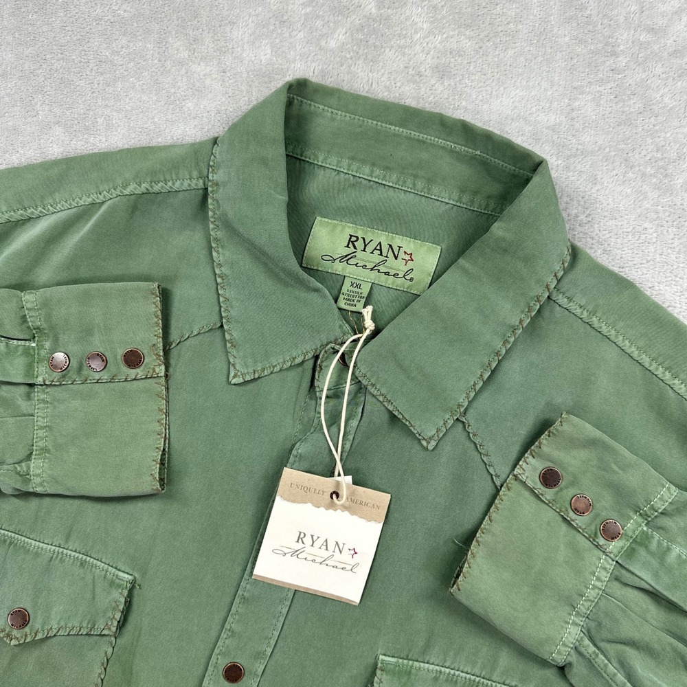 Ryan Michael Western Shirt Mens XXL Fern Green Silk Cotton Snap Cowboy Casual